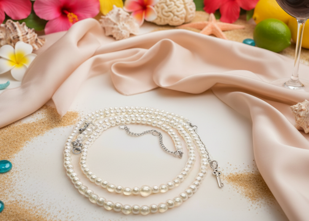 Beautiful Light Peach, Stardust, and Pearl, Two-Strand Beaded Necklace handcrafted by Artistry Jewelry