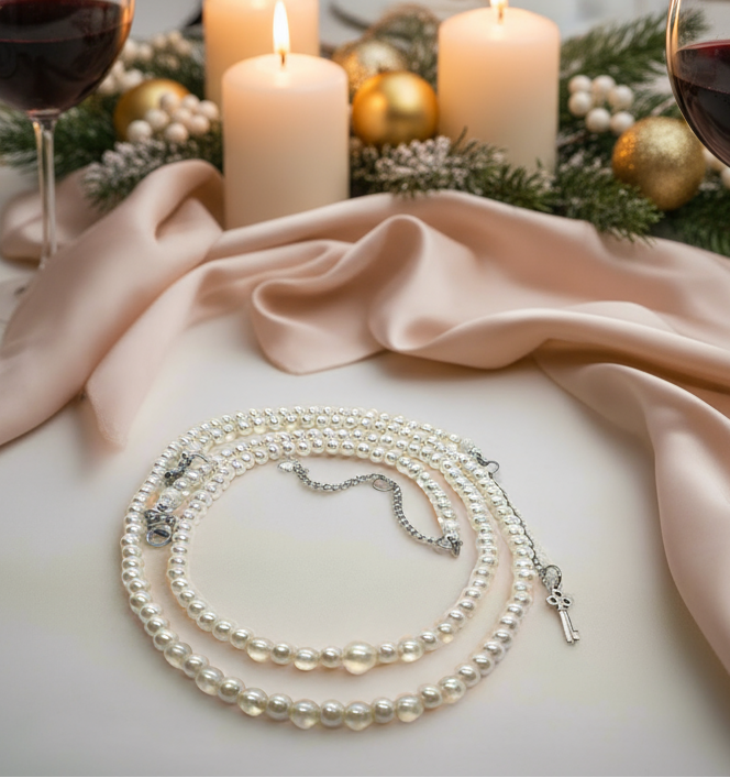 Beautiful Light Peach, Stardust, and Pearl, Two-Strand Beaded Necklace handcrafted by Artistry Jewelry