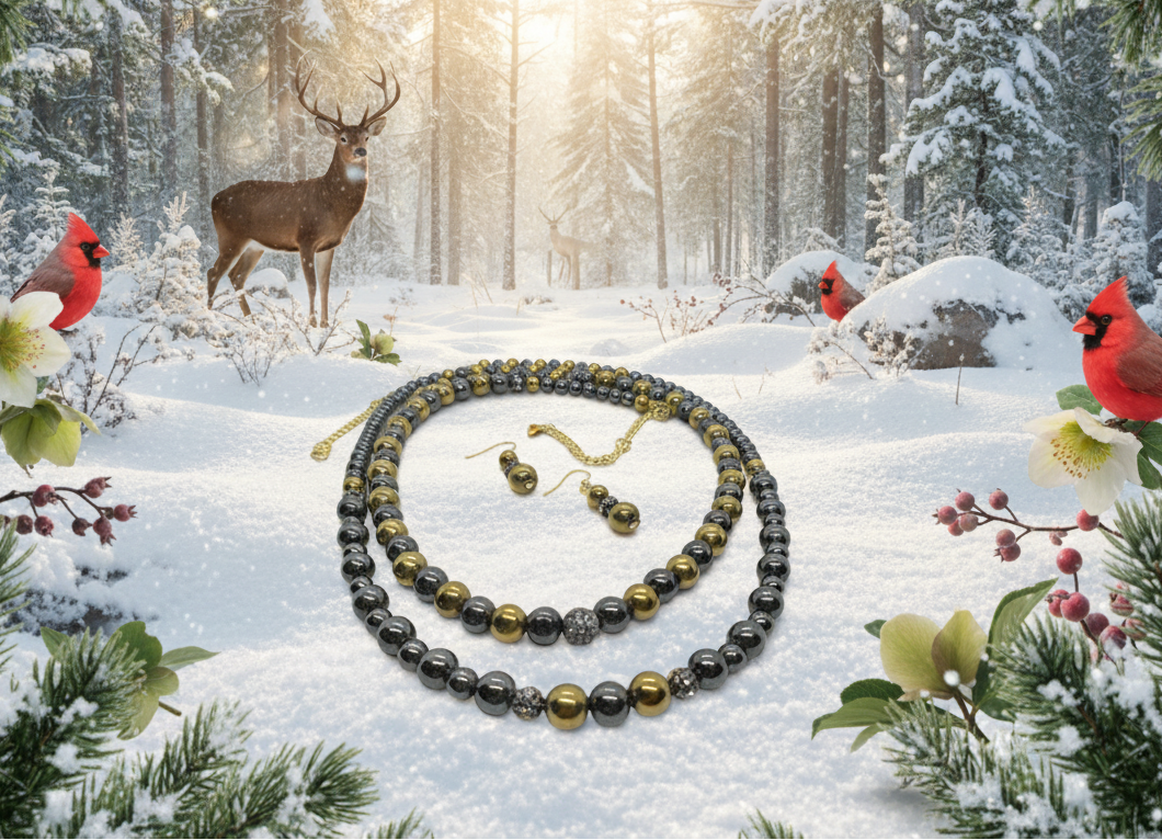 Gorgeous Gold & Black Hematite Two-Strand Beaded Necklace Set handcrafted by Artistry Jewelry