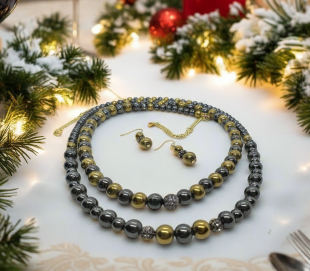 Gorgeous Gold & Black Hematite Two-Strand Beaded Necklace Set handcrafted by Artistry Jewelry