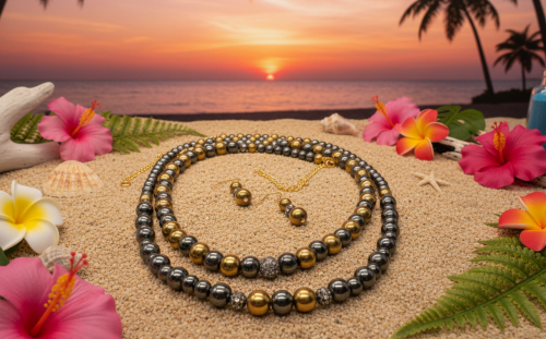 Gorgeous Gold & Black Hematite Two-Strand Beaded Necklace Set handcrafted by Artistry Jewelry