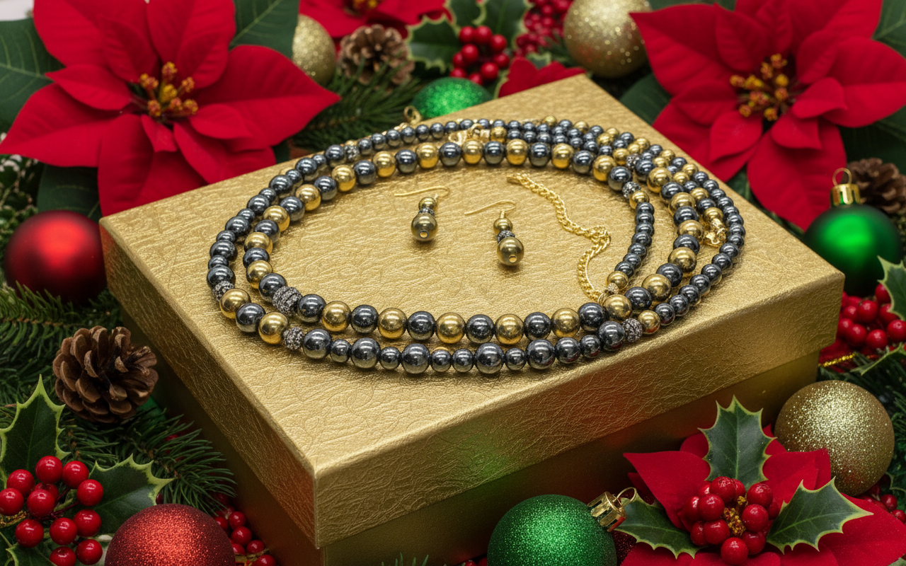 Gorgeous Gold & Black Hematite Two-Strand Beaded Necklace Set handcrafted by Artistry Jewelry