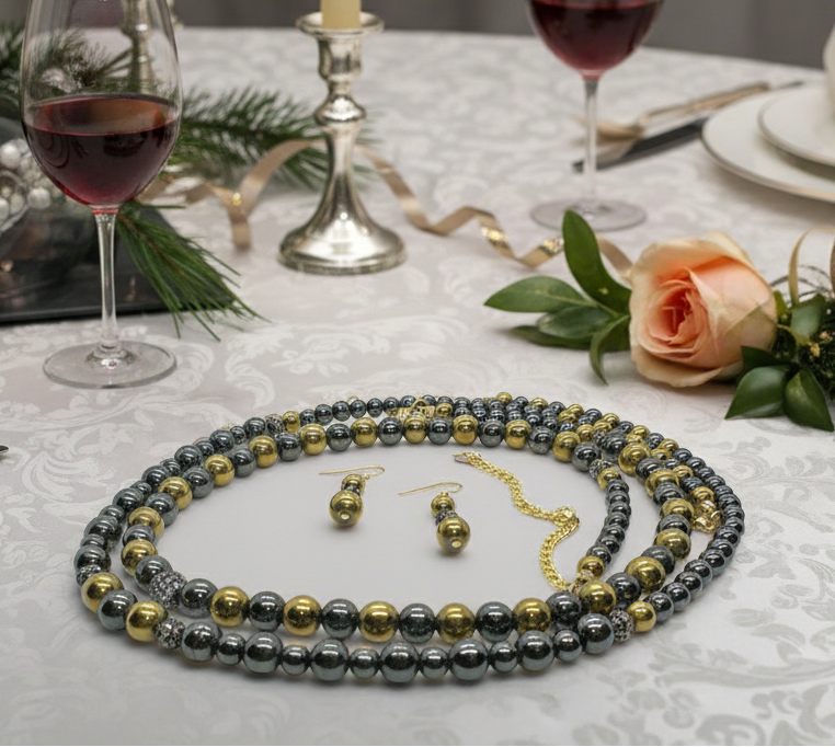 Gorgeous Gold & Black Hematite Two-Strand Beaded Necklace Set handcrafted by Artistry Jewelry