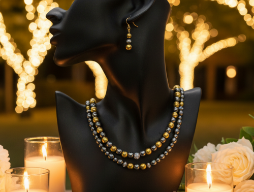 Gorgeous Gold & Black Hematite Two-Strand Beaded Necklace Set handcrafted by Artistry Jewelry