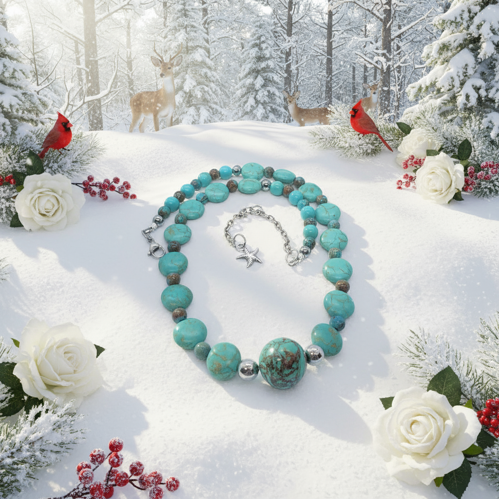 Lovely Crazy Lace Agate & Magnesite, Turquoise, Brown, Semi-precious, Beaded Necklace handcrafted by Artistry Jewelry