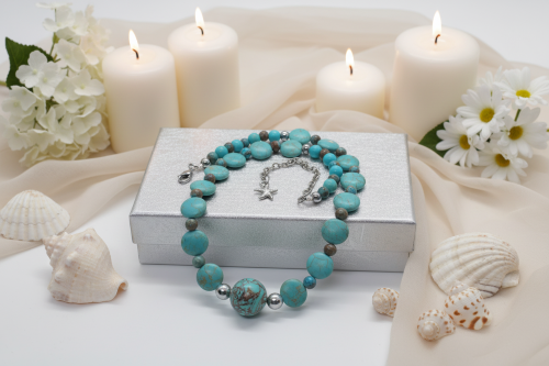 Lovely Crazy Lace Agate & Magnesite, Turquoise, Brown, Semi-precious, Beaded Necklace handcrafted by Artistry Jewelry