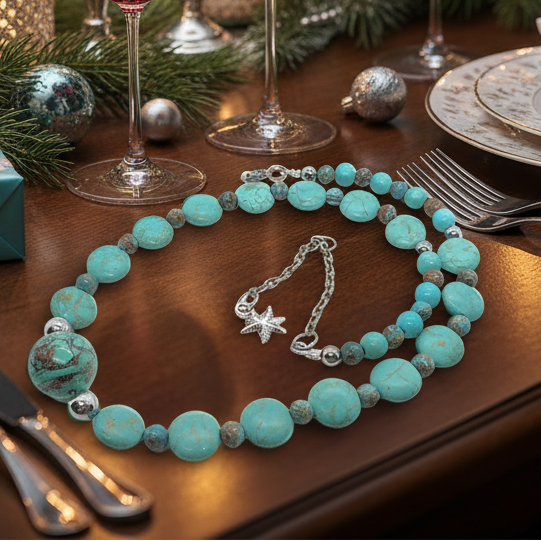 Lovely Crazy Lace Agate & Magnesite, Turquoise, Brown, Semi-precious, Beaded Necklace handcrafted by Artistry Jewelry