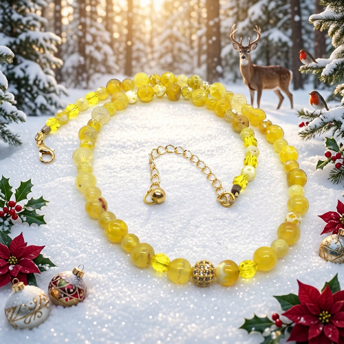 Gorgeous Yellow Fire Agates and Crystals Beaded Semi-precious Necklace handcrafted by Artistry Jewelry