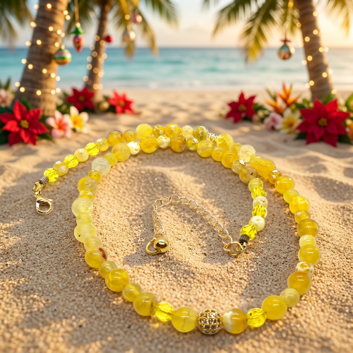 Gorgeous Yellow Fire Agates and Crystals Beaded Semi-precious Necklace handcrafted by Artistry Jewelry