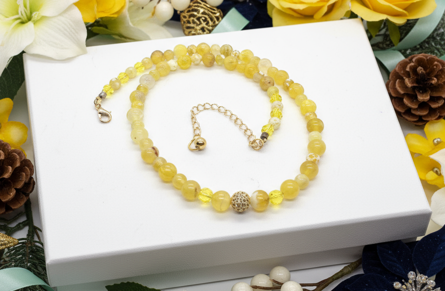 Gorgeous Yellow Fire Agates and Crystals Beaded Semi-precious Necklace handcrafted by Artistry Jewelry