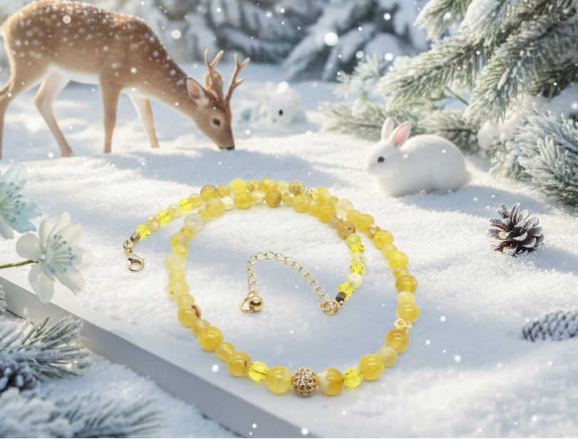 Gorgeous Yellow Fire Agates and Crystals Beaded Semi-precious Necklace handcrafted by Artistry Jewelry