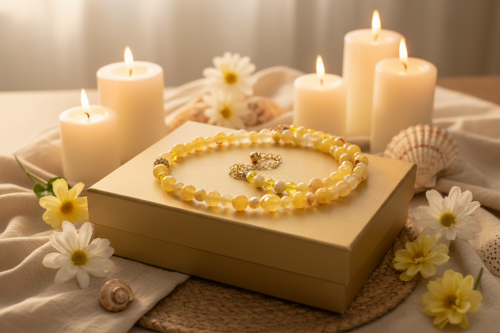 Gorgeous Yellow Fire Agates and Crystals Beaded Semi-precious Necklace handcrafted by Artistry Jewelry