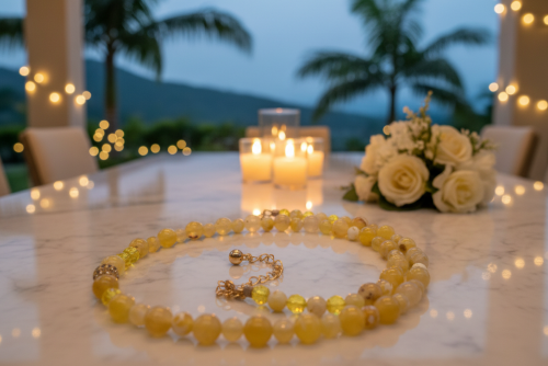 Gorgeous Yellow Fire Agates and Crystals Beaded Semi-precious Necklace handcrafted by Artistry Jewelry
