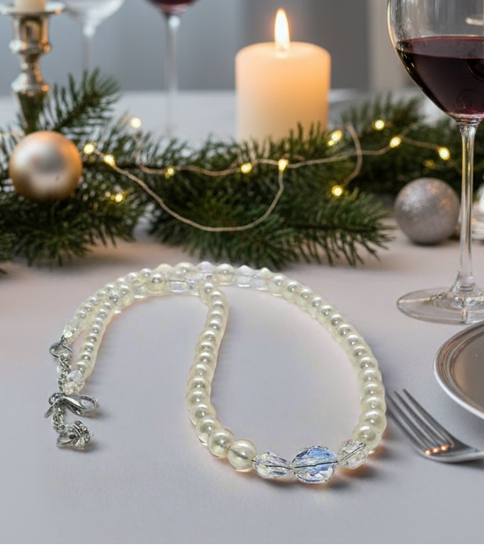 Precious Light Peach, Silver, Crystal and Pearl Beaded Necklace handcrafted by Artistry Jewelry