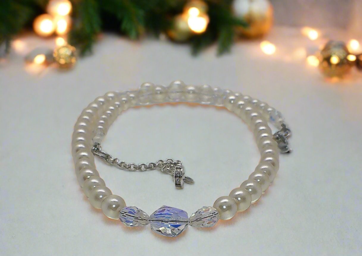 Precious Light Peach, Silver, Crystal and Pearl Beaded Necklace handcrafted by Artistry Jewelry