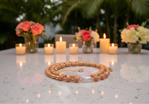 Fabulous Peach Desert Sun and Gold Hematite, One-of-a-Kind Beaded Necklace handcrafted by Artistry Jewelry