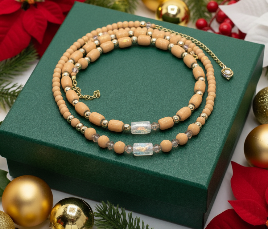 Fabulous Peach Desert Sun and Gold Hematite, One-of-a-Kind Beaded Necklace handcrafted by Artistry Jewelry