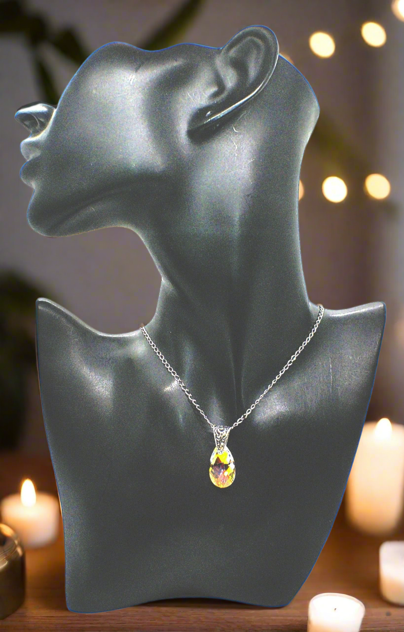 A  Beautiful Teardrop Crystal and Stainless Steel Chain Necklace, One-of-a-Kind-handcrafted by Artistry Jewelry