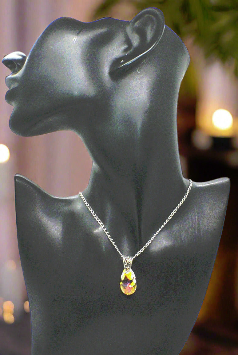 A  Beautiful Teardrop Crystal and Stainless Steel Chain Necklace, One-of-a-Kind-handcrafted by Artistry Jewelry