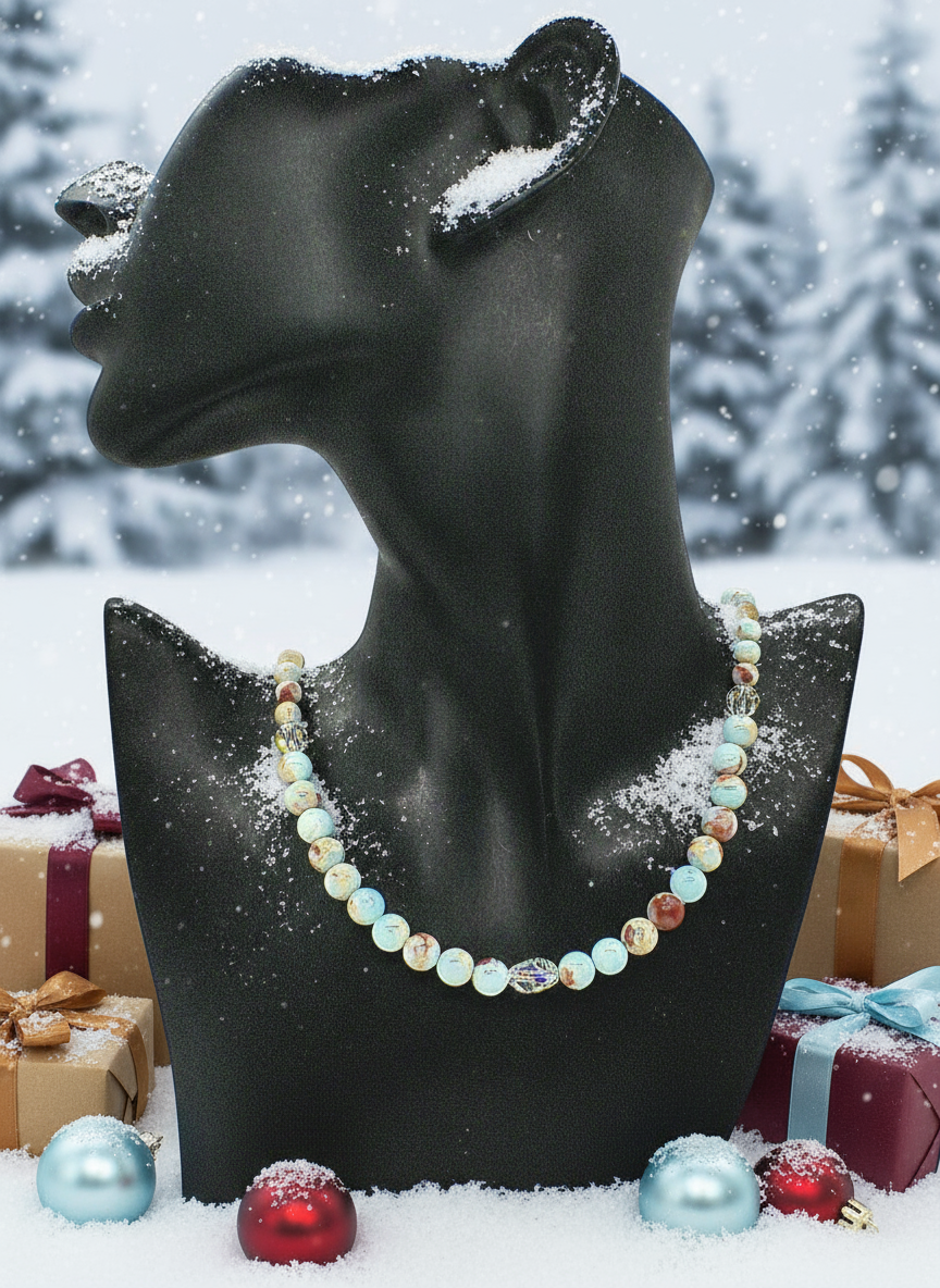 Brilliant Sky Blue Jasper, Crystals, and Onyx Beaded Necklace-handcrafted by Artistry Jewelry
