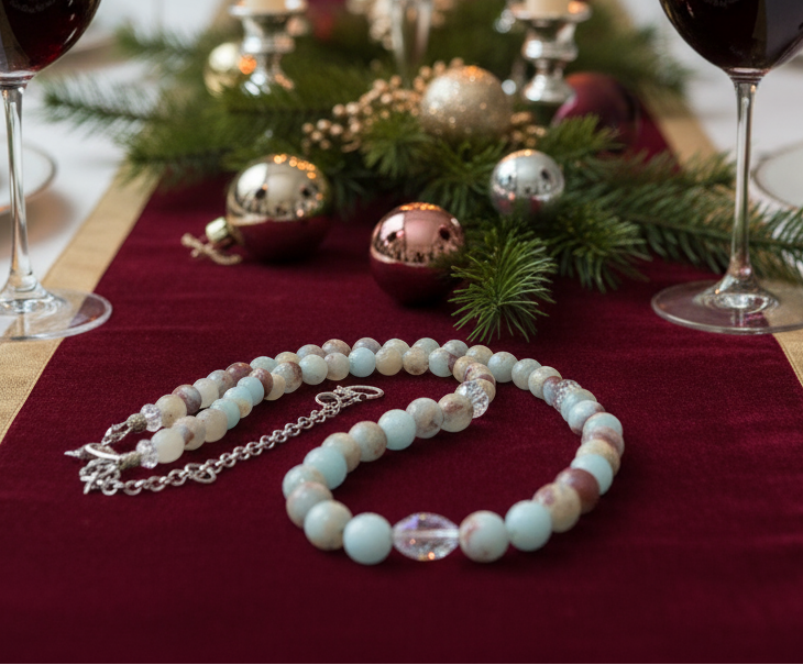 Brilliant Sky Blue Jasper, Crystals, and Onyx Beaded Necklace-handcrafted by Artistry Jewelry
