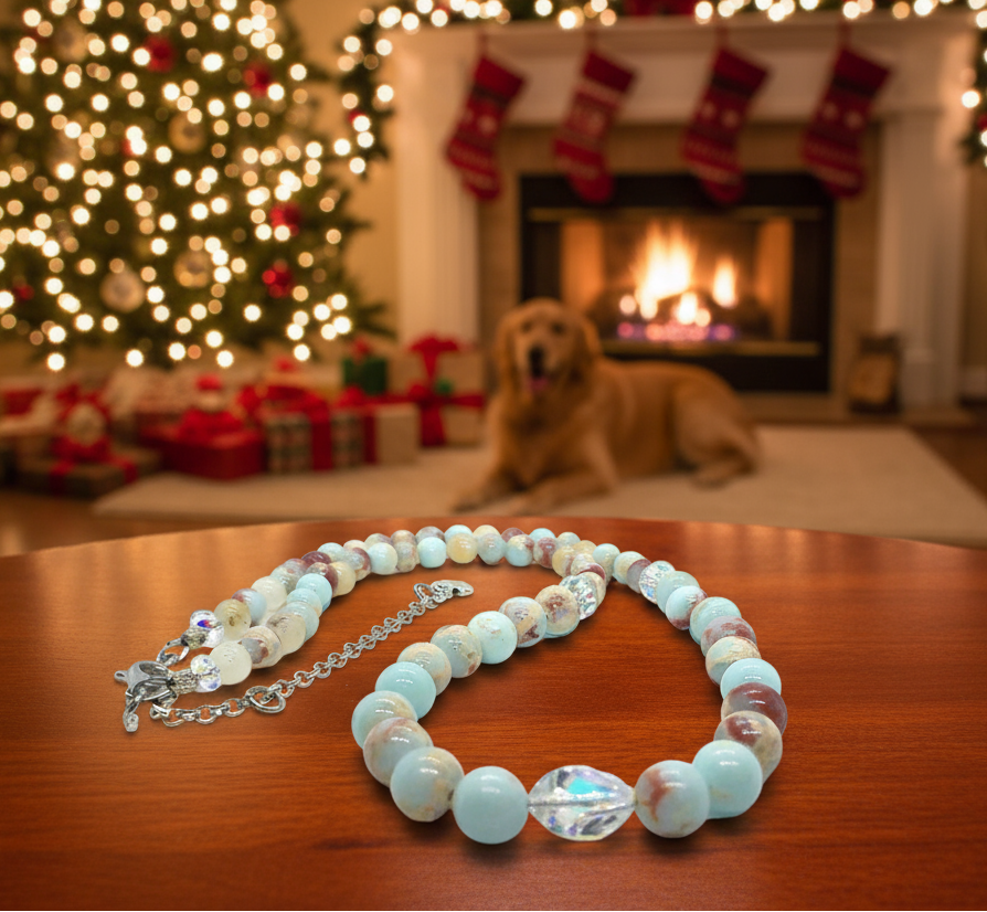 Brilliant Sky Blue Jasper, Crystals, and Onyx Beaded Necklace-handcrafted by Artistry Jewelry