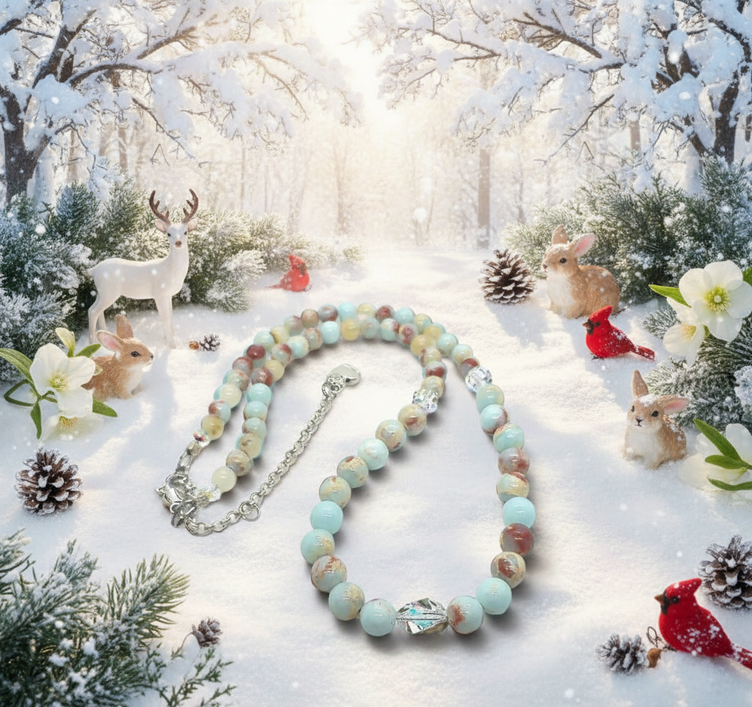 Brilliant Sky Blue Jasper, Crystals, and Onyx Beaded Necklace-handcrafted by Artistry Jewelry