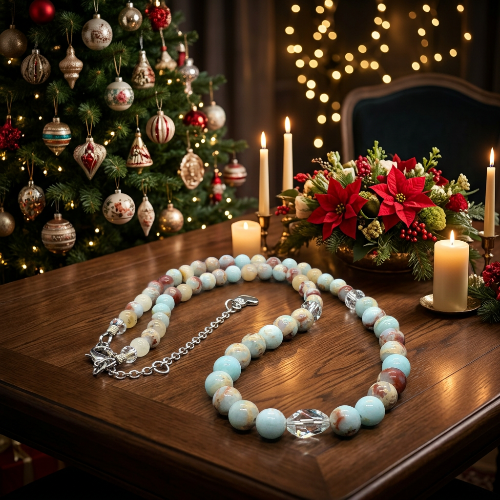 Brilliant Sky Blue Jasper, Crystals, and Onyx Beaded Necklace-handcrafted by Artistry Jewelry