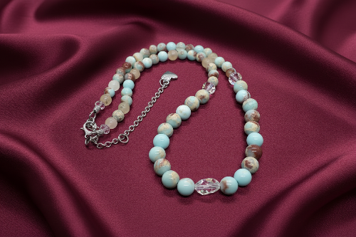 Brilliant Sky Blue Jasper, Crystals, and Onyx Beaded Necklace-handcrafted by Artistry Jewelry