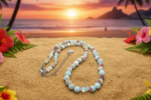 Brilliant Sky Blue Jasper, Crystals, and Onyx Beaded Necklace-handcrafted by Artistry Jewelry