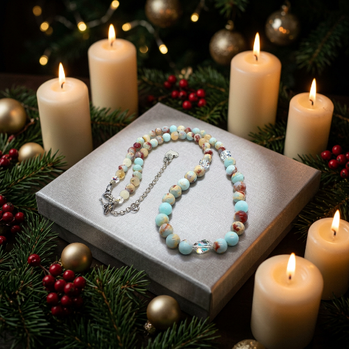 Brilliant Sky Blue Jasper, Crystals, and Onyx Beaded Necklace-handcrafted by Artistry Jewelry