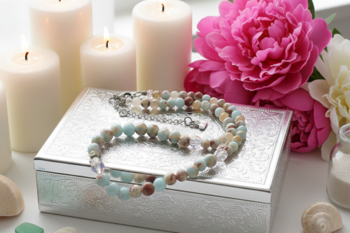 Brilliant Sky Blue Jasper, Crystals, and Onyx Beaded Necklace-handcrafted by Artistry Jewelry