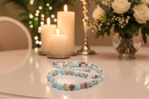 Brilliant Sky Blue Jasper, Crystals, and Onyx Beaded Necklace-handcrafted by Artistry Jewelry
