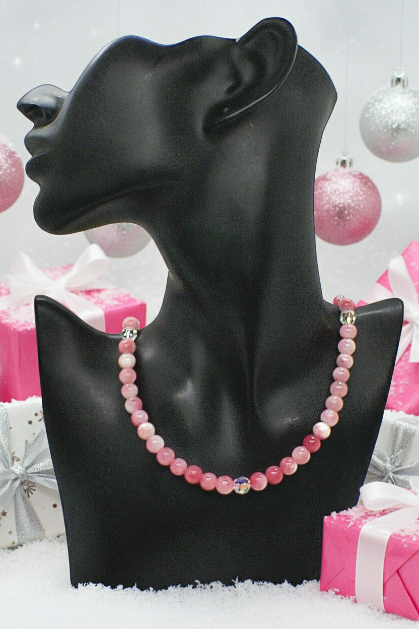 Lovely Pink and White Jasper & Crystal Beaded Necklace - handcrafted by Artistry Jewelry