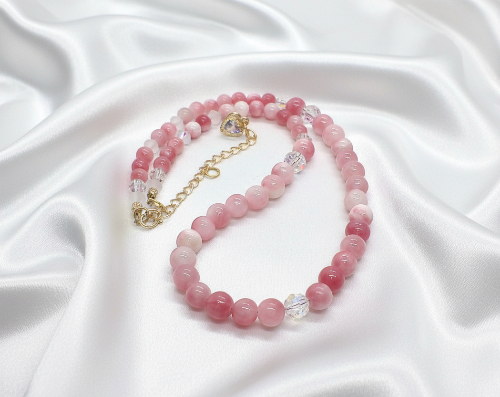 Lovely Pink and White Jasper & Crystal Beaded Necklace - handcrafted by Artistry Jewelry