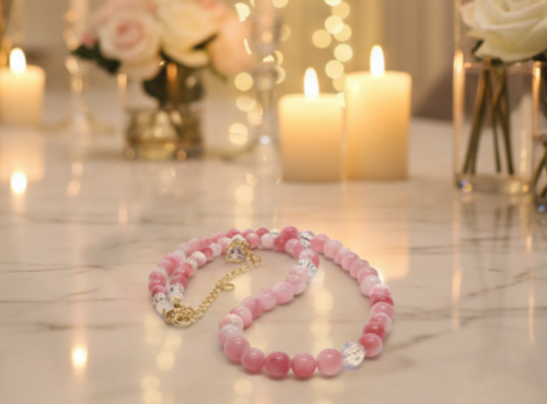 Lovely Pink and White Jasper & Crystal Beaded Necklace - handcrafted by Artistry Jewelry