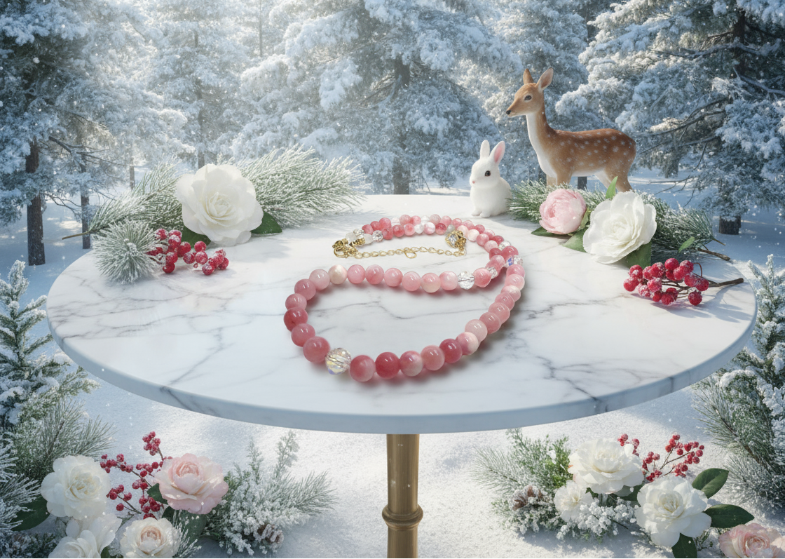 Lovely Pink and White Jasper & Crystal Beaded Necklace - handcrafted by Artistry Jewelry