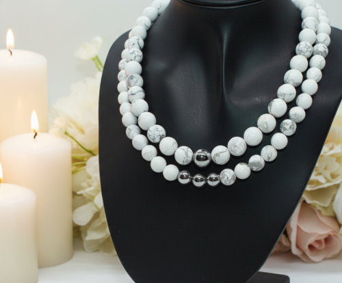 Beautiful Howlite, Hematite, Agate, and Labrador Two-Strand Necklace