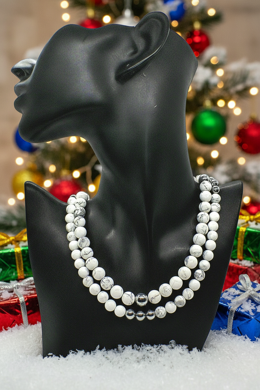 Beautiful Howlite, Hematite, Agate, and Labrador Two-Strand Necklace