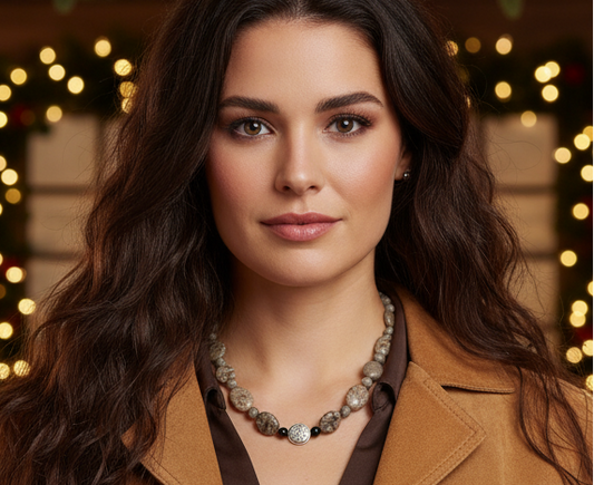 Lovely Pink Feldspar & Maifanite Jasper, Black, brown, Gray, Semi-precious, Beaded Necklace handcrafted by Artistry Jewelry