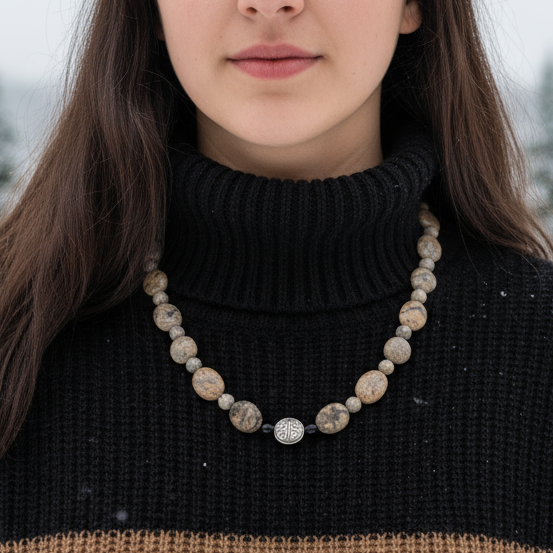 Lovely Pink Feldspar & Maifanite Jasper, Black, brown, Gray, Semi-precious, Beaded Necklace handcrafted by Artistry Jewelry