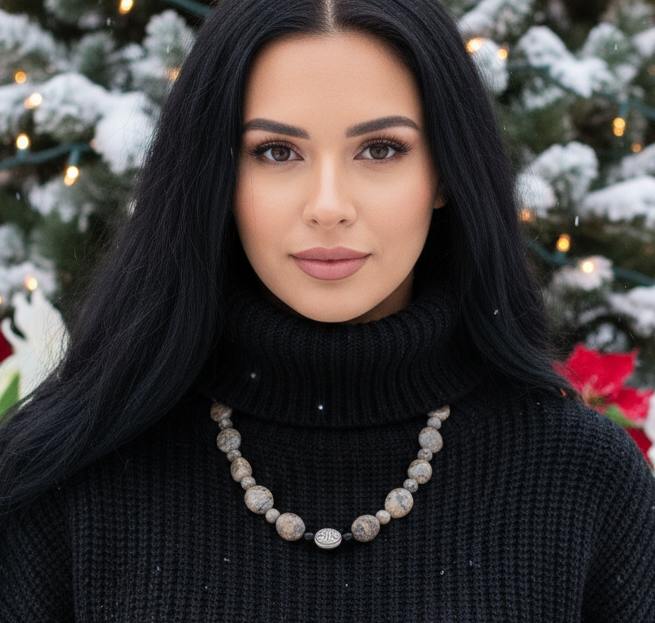 Lovely Pink Feldspar & Maifanite Jasper, Black, brown, Gray, Semi-precious, Beaded Necklace handcrafted by Artistry Jewelry