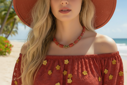 Beautiful Coral Rectangles, Antique Gold Rds, GP Hematite Semi-precious Beaded Necklace handcrafted by Artistry Jewelry