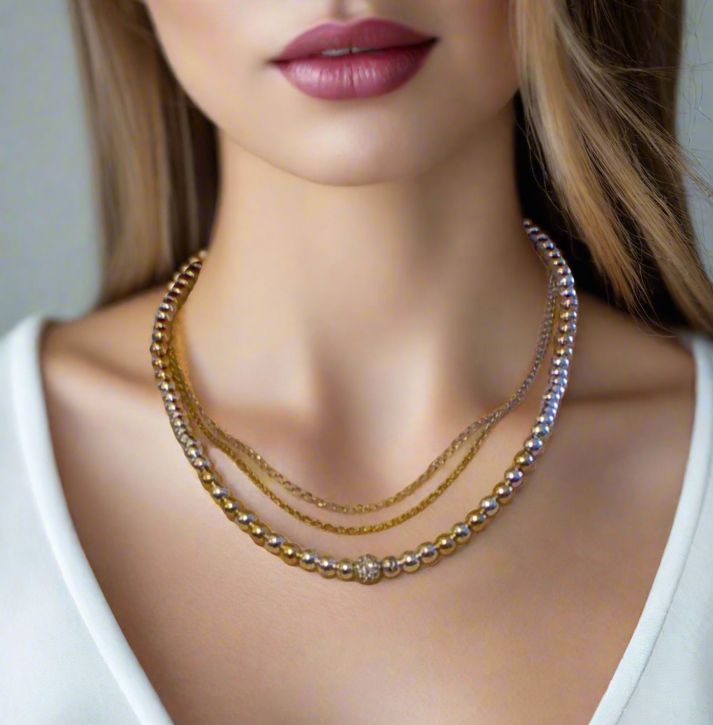 Gorgeous Handcrafted Two-Strand Silver and Gold Hematite and Chain Necklace with Cubic Zirconia Focal, Silver and Gold Tones- handcrafted by Artistry Jewelry