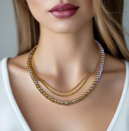 Gorgeous Handcrafted Two-Strand Silver and Gold Hematite and Chain Necklace with Cubic Zirconia Focal, Silver and Gold Tones- handcrafted by Artistry Jewelry