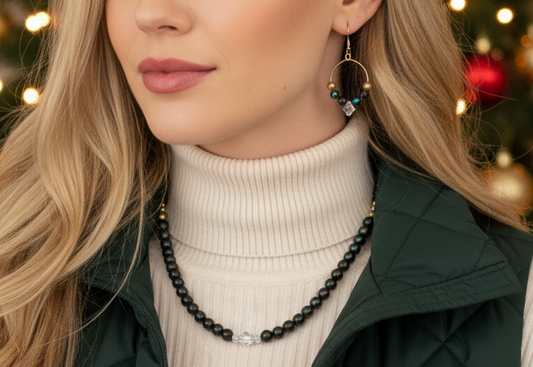 Gorgeous Dark Green, Crystal, and Gold Druk beads, One-of-a-Kind, Beaded Necklace Set- handcrafted by Artistry Jewelry