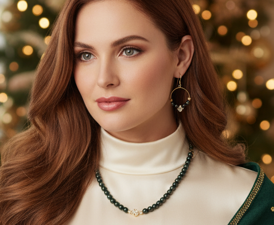 Gorgeous Dark Green, Crystal, and Gold Druk beads, One-of-a-Kind, Beaded Necklace Set- handcrafted by Artistry Jewelry