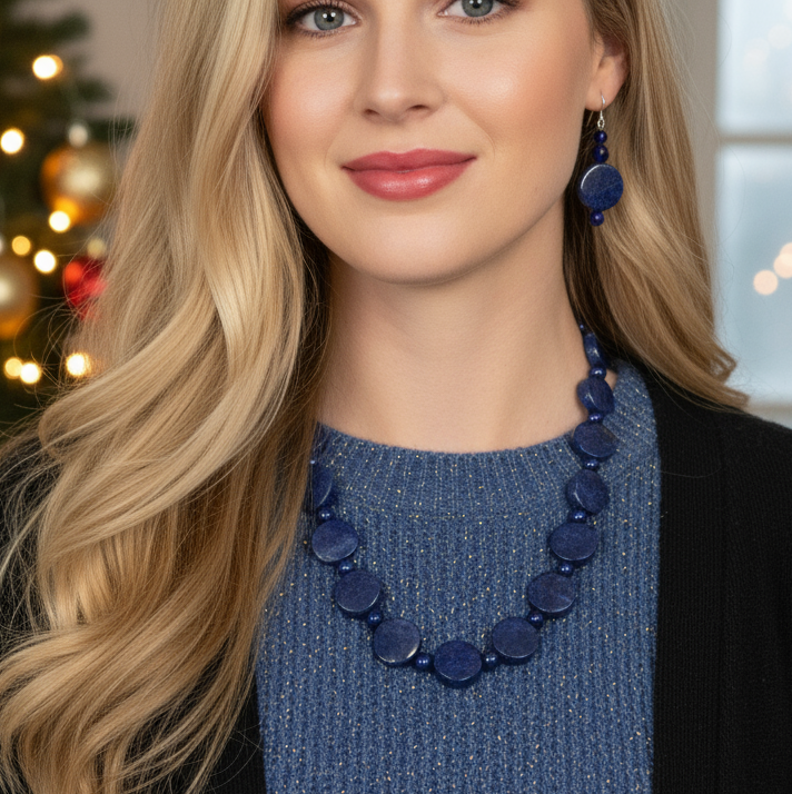 Stunning Lapis Lazuli and Crystals, Dark Blue, Silver, Semi-precious, Beaded Necklace Set handcrafted by Artistry Jewelry