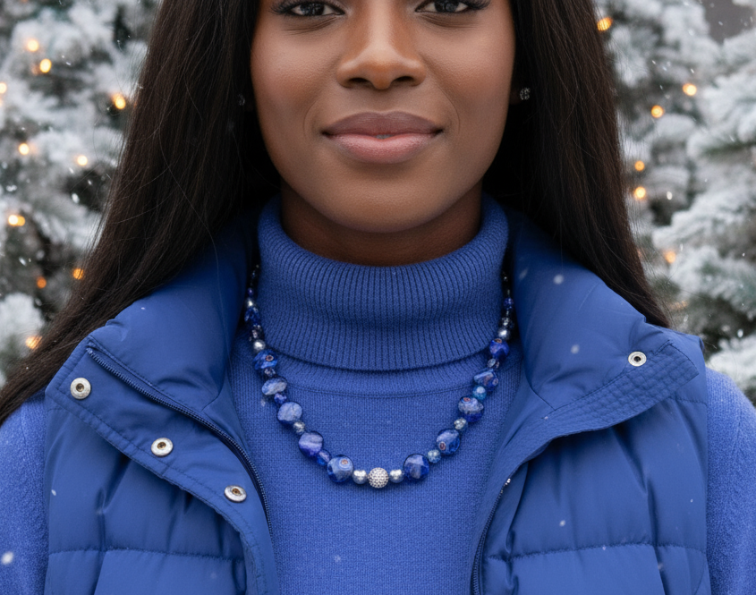 Beautiful Sea Blue Jasper, Firepolish Blue, Silver and Montana Blue, Beaded Necklace handcrafted by Artistry Jewelry
