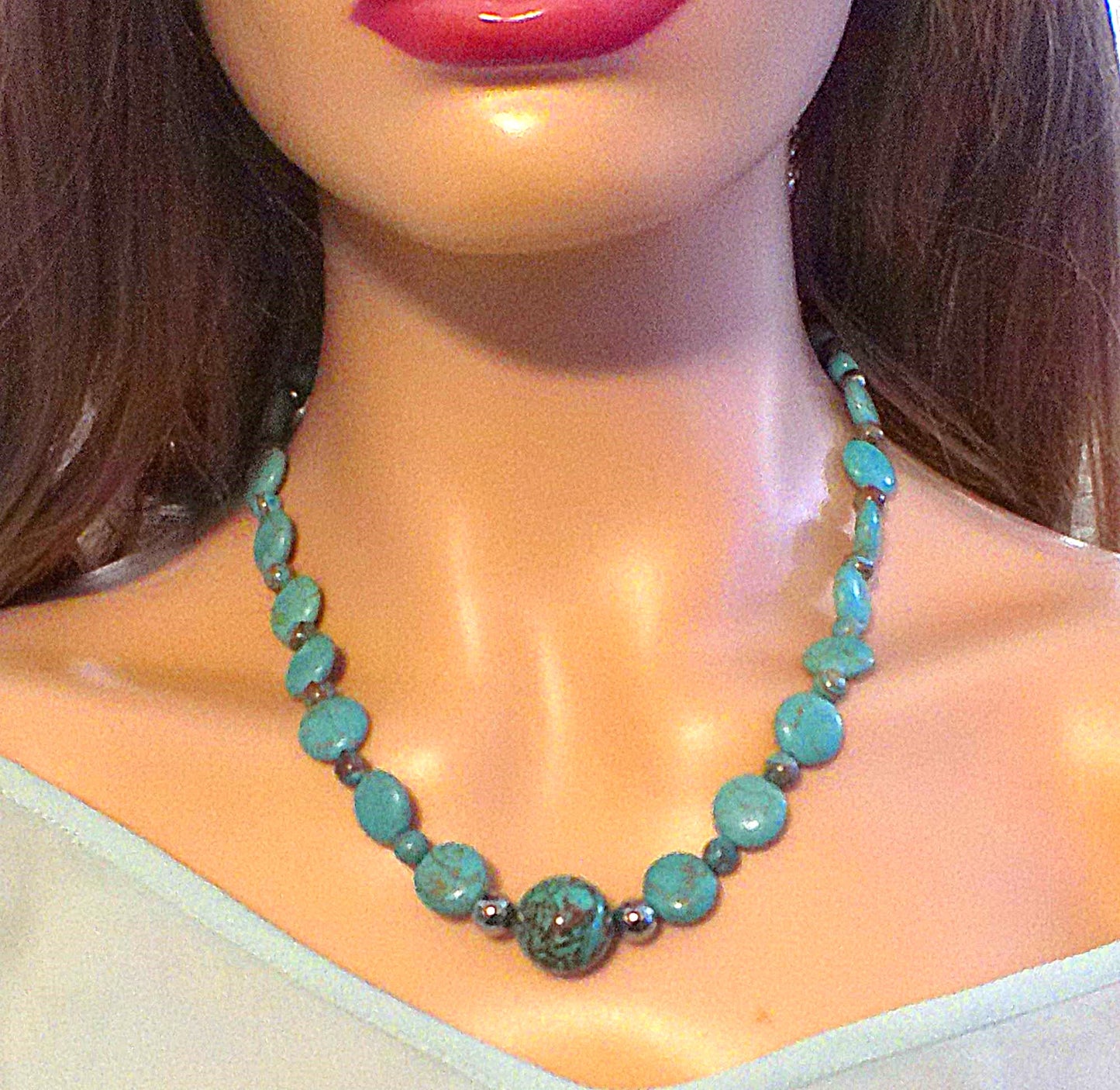 Lovely Crazy Lace Agate & Magnesite, Turquoise, Brown, Semi-precious, Beaded Necklace handcrafted by Artistry Jewelry